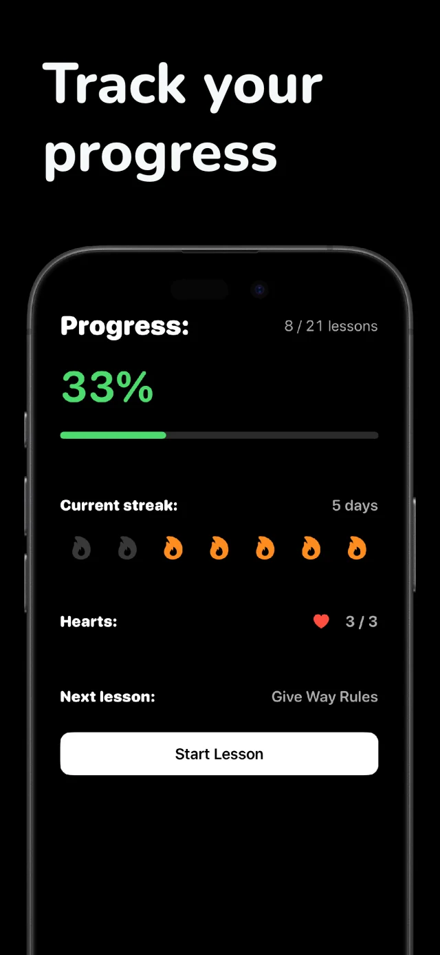 KiwiDrive App Store preview showing lesson progress and a practice streak