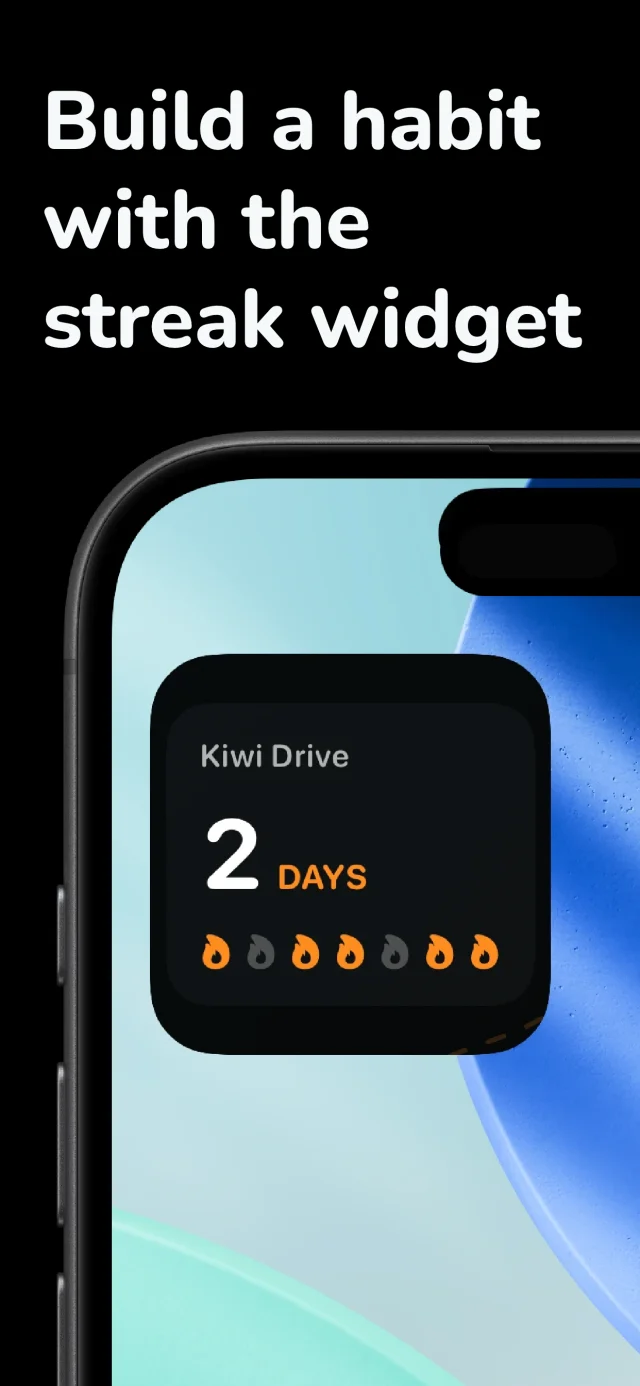 KiwiDrive App Store preview showing the Home Screen practice streak widget