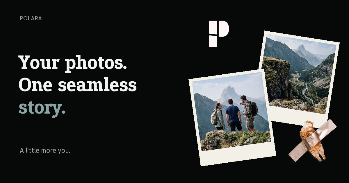 Polara preview combining framed mountain photographs, text, and a cat sticker